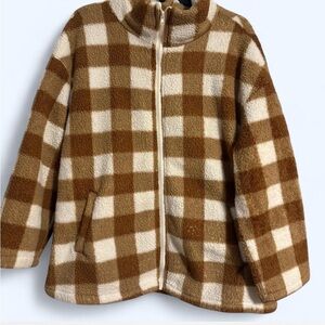 SHEIN Brown and Cream Checkered Teddy Jacket